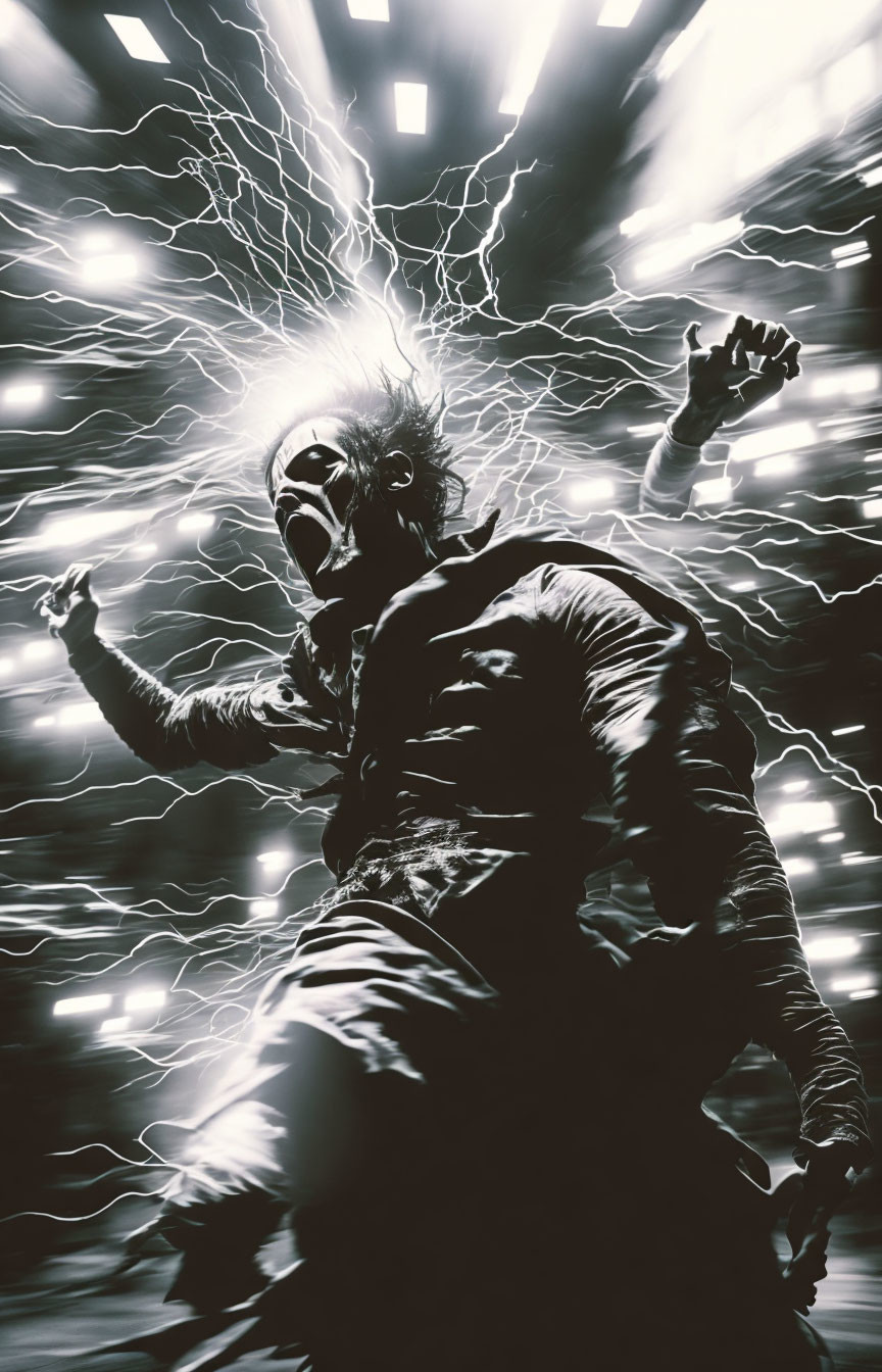 Person in Dark Clothing Surrounded by Intense Lightning and Light Effects