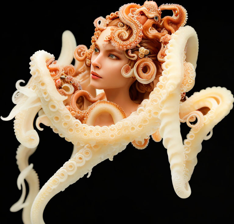 Intricate Woman's Face with Octopus Tentacles Sculpture in Orange-White Color Scheme