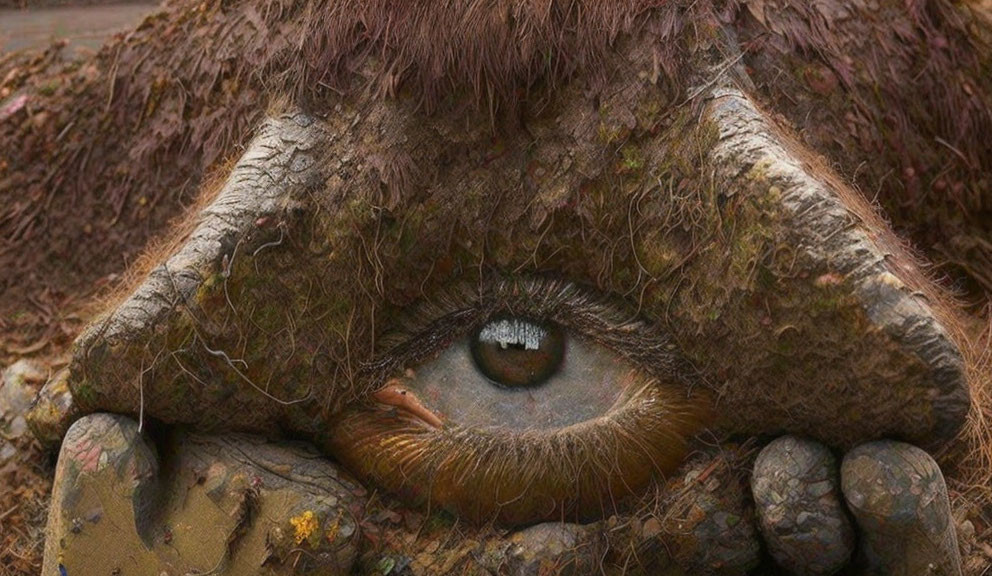 Detailed Earthy Camouflage Texture with Human-like Eye in Mossy Surroundings