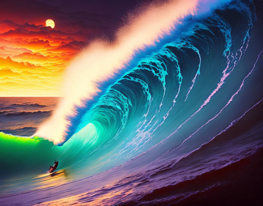 Surfer riding towering wave at sunset with purple, orange, and yellow hues