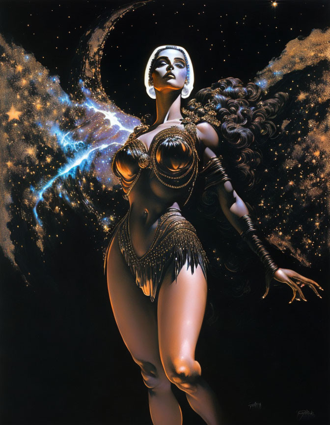 Stylized female figure in ornate sci-fi armor against cosmic backdrop