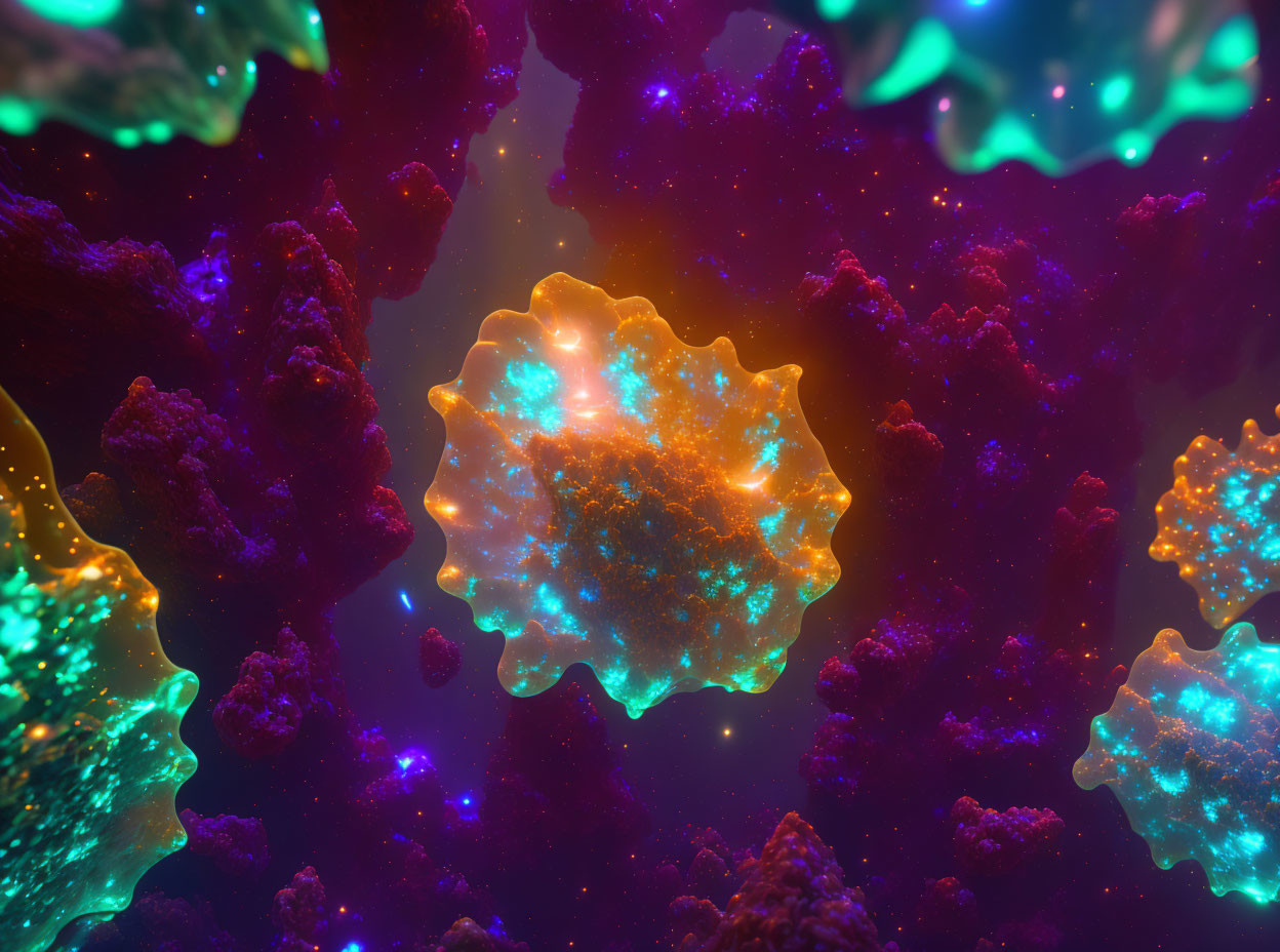 Colorful digital artwork: Glowing coral structures in cosmic space