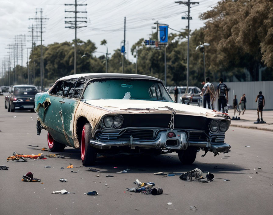 Abandoned damaged two-tone car on littered street