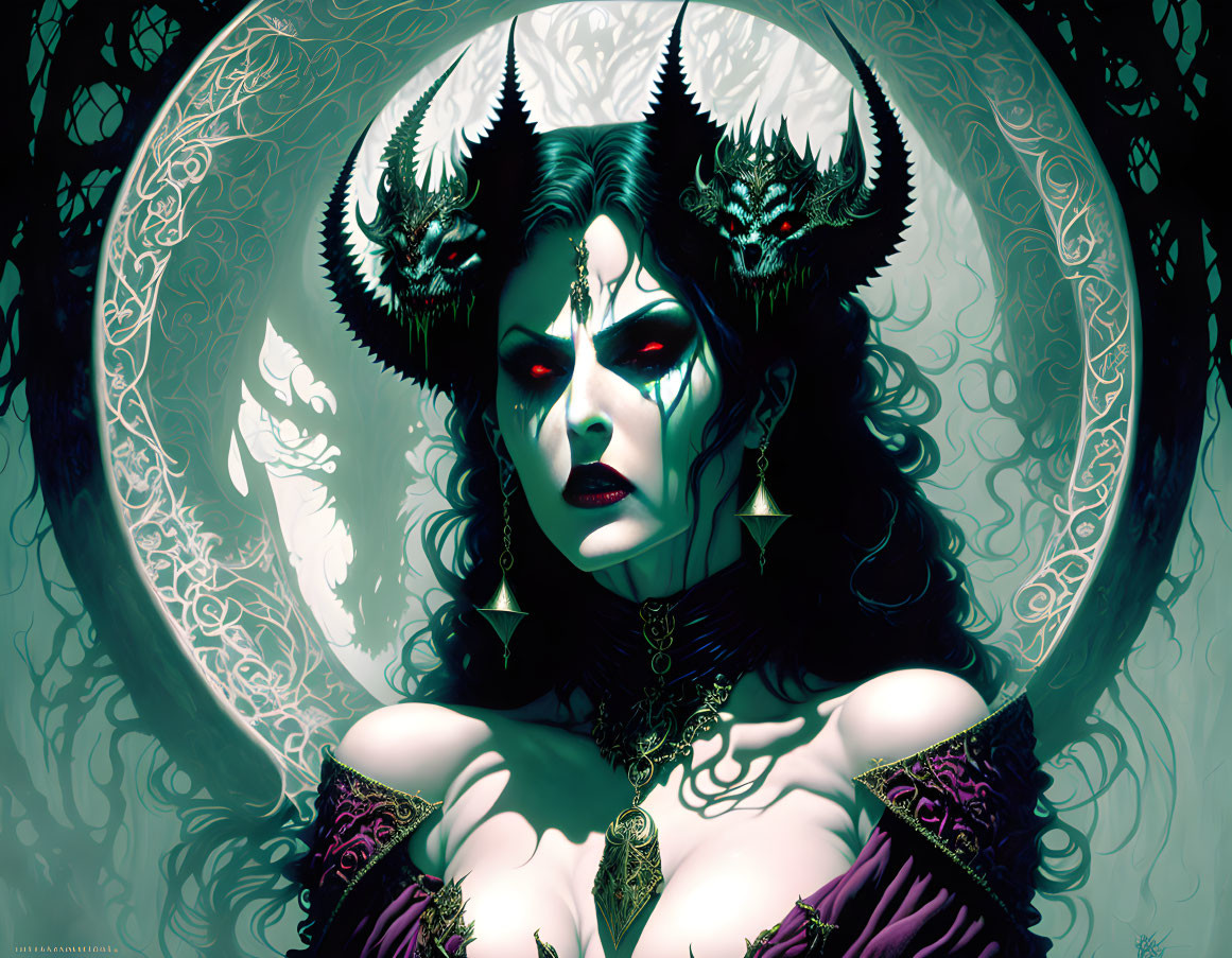 Pale-skinned female figure in dark makeup with red lips, adorned with dragon-themed horned headdress