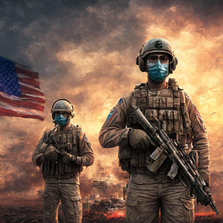 Soldiers in combat gear with face masks in front of smoky, fiery backdrop and American flag