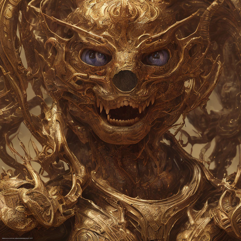 Intricate Golden Dragon-Themed Mask on Golden Background