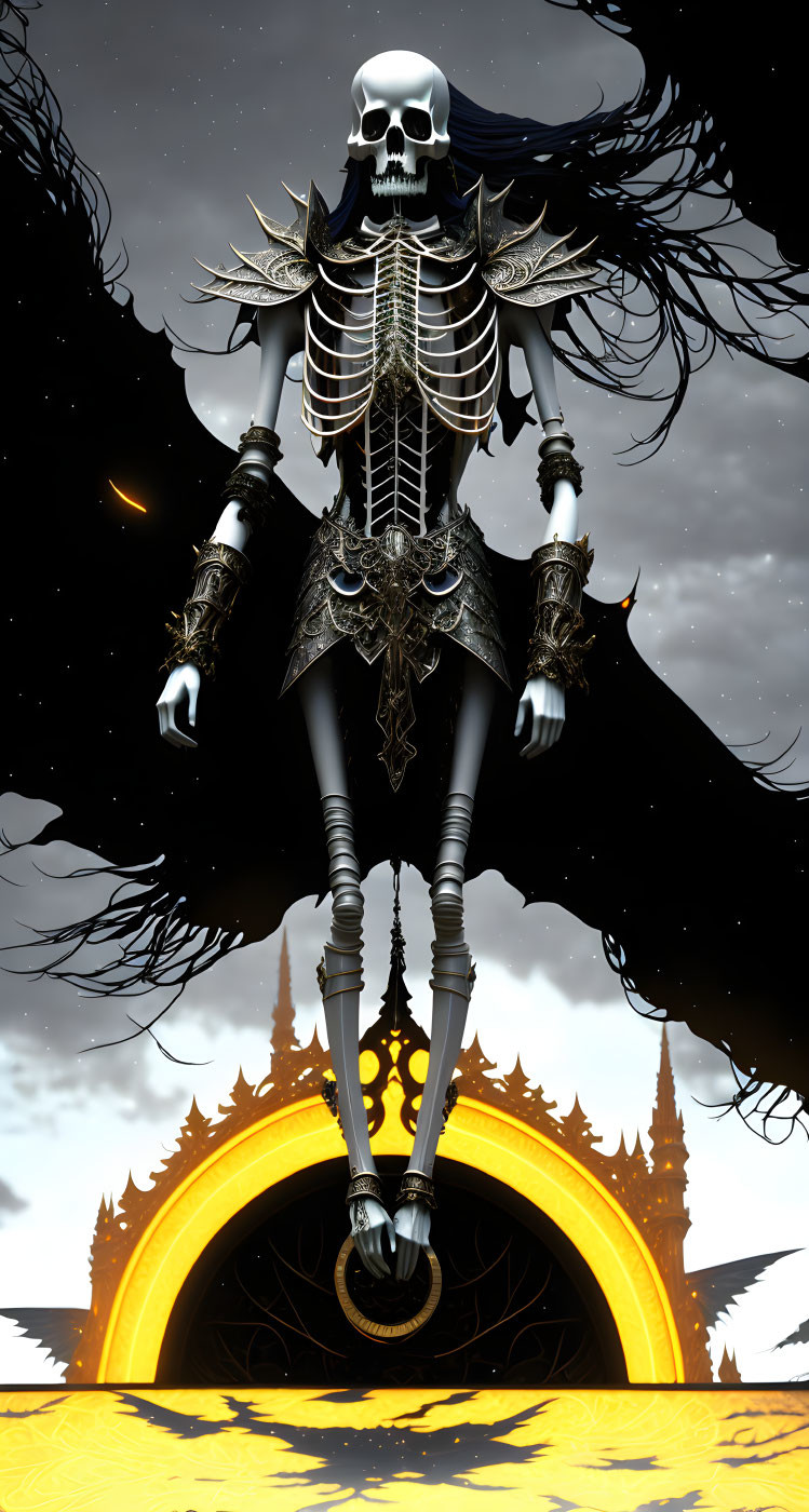 Skeleton in ornate armor by golden archway with bats in moody sky