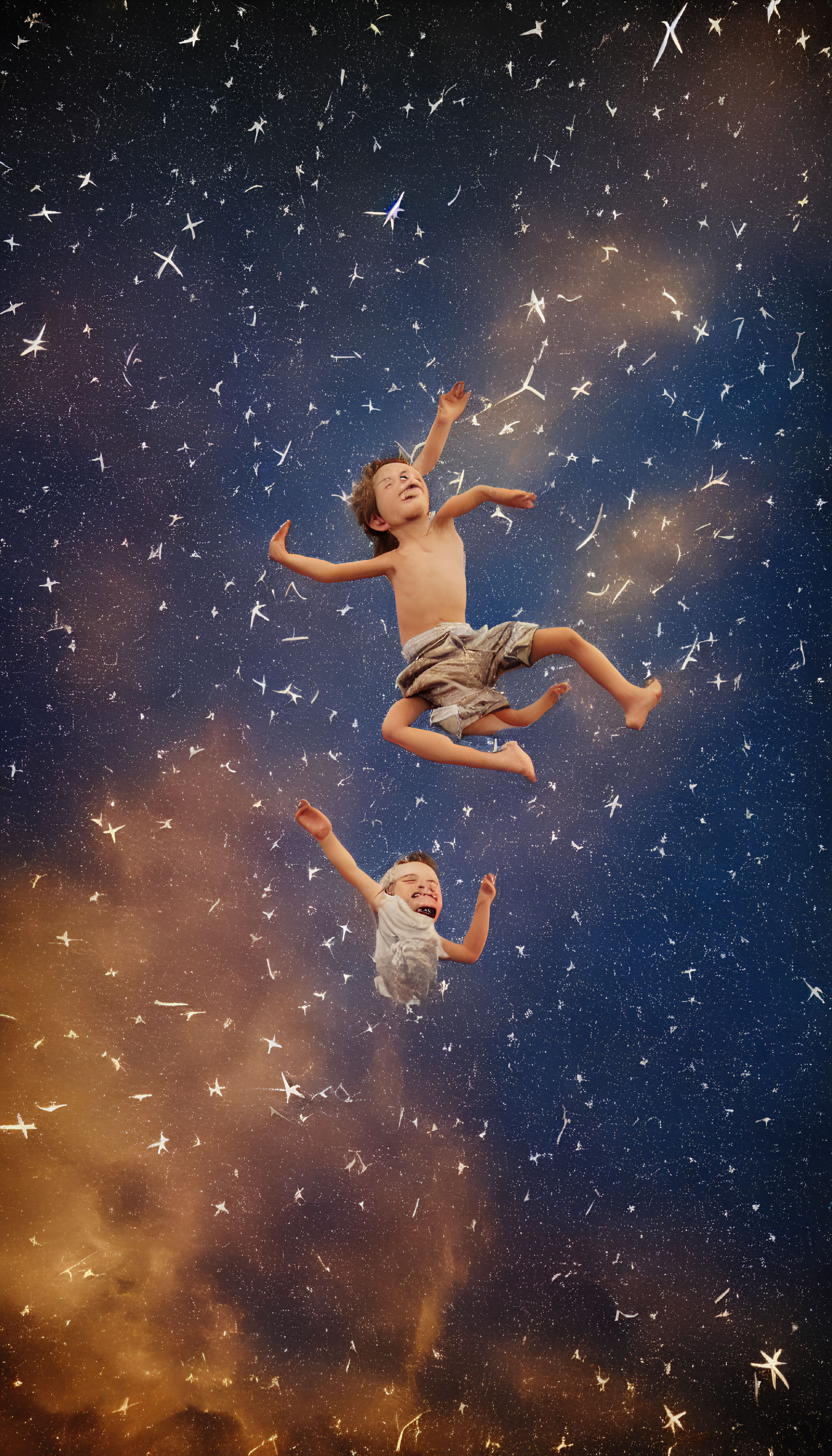 Children joyfully floating in starry night sky with outstretched arms.