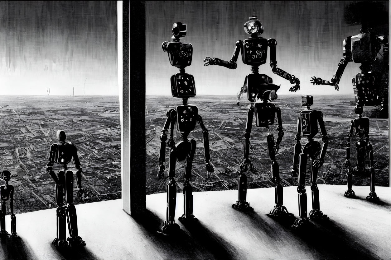 Monochrome vintage robot art with diverse poses