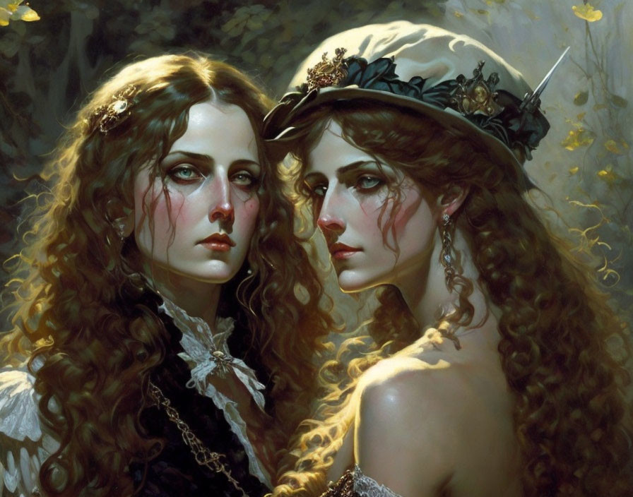 Detailed painting of two women with curly long hair and ornate hats in shadowy setting