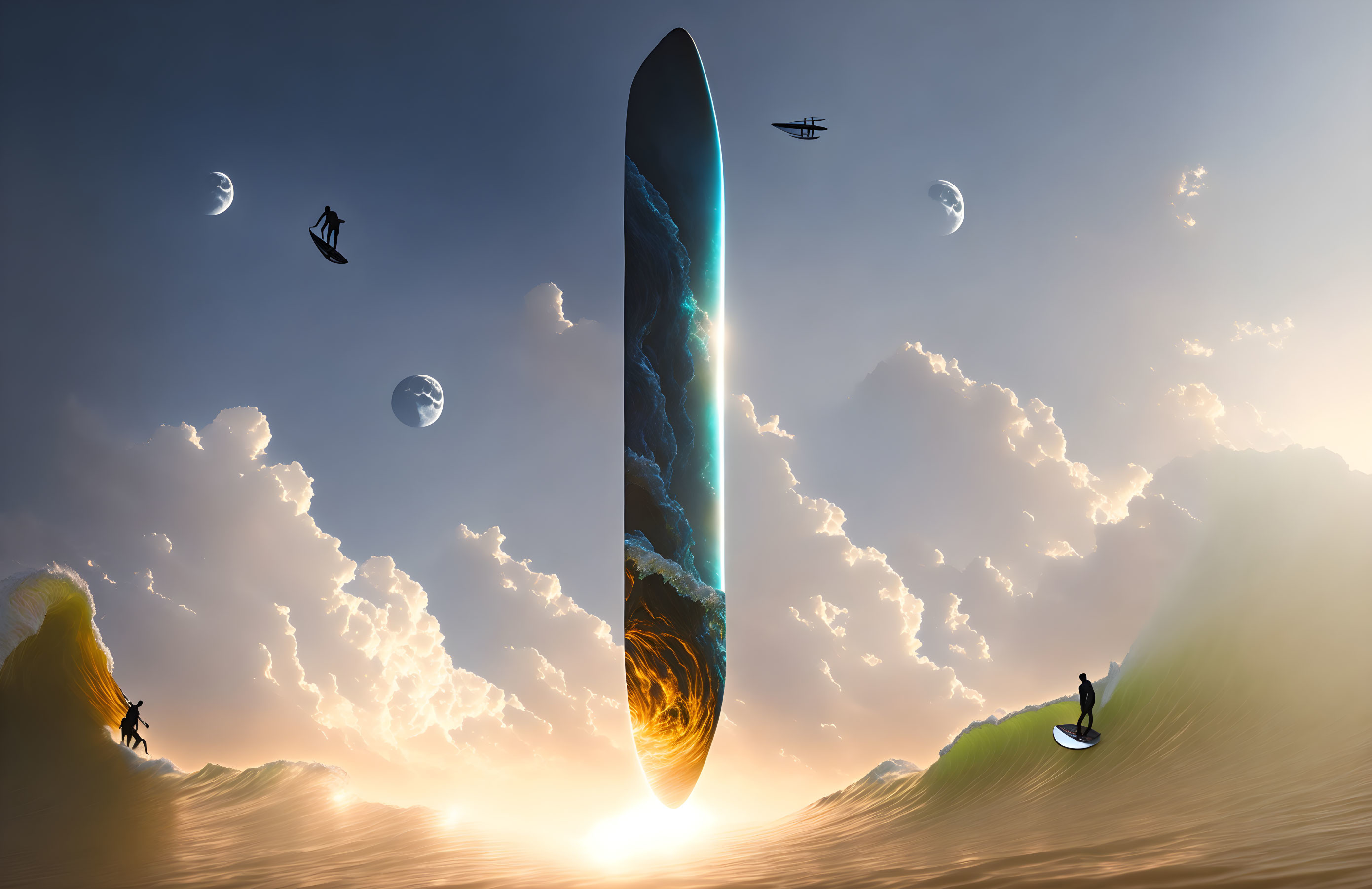 Surreal landscape with multiple moons and people surfing on sand dunes