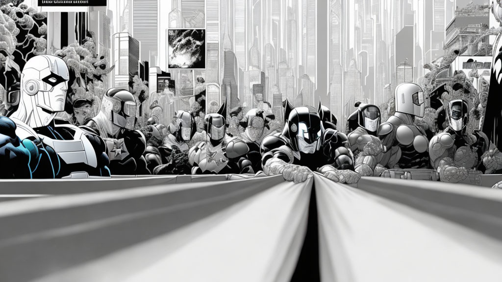 Monochrome Marvel superheroes art with Captain America and Iron Man in city setting