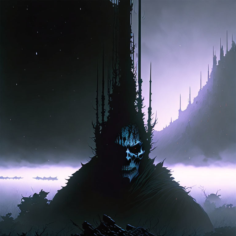 Spiky structures and large skull in misty night landscape