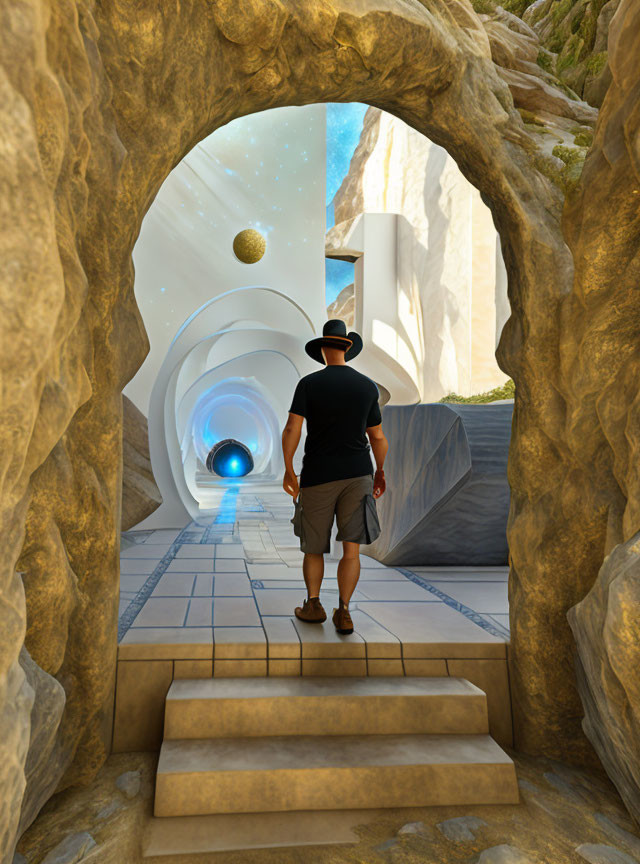 Person in Wide-Brimmed Hat at Entrance of Surreal Tunnel with Blue Skies and Floating Or