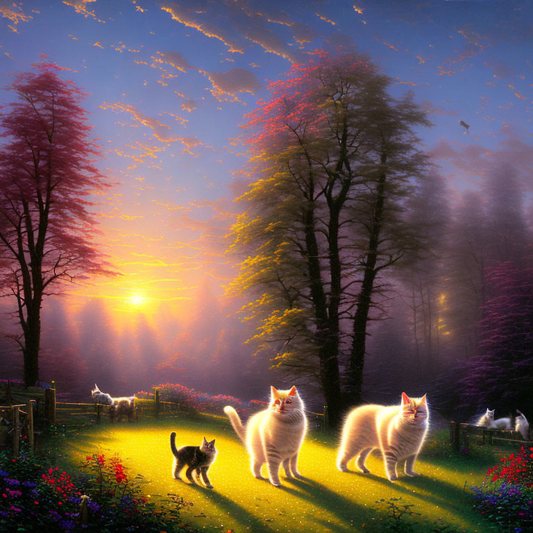 Glowing ethereal cats and kittens in vibrant forest at sunset