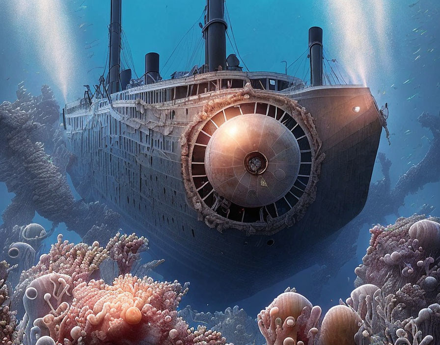 Underwater Titanic image with giant illuminated eyeball and marine life