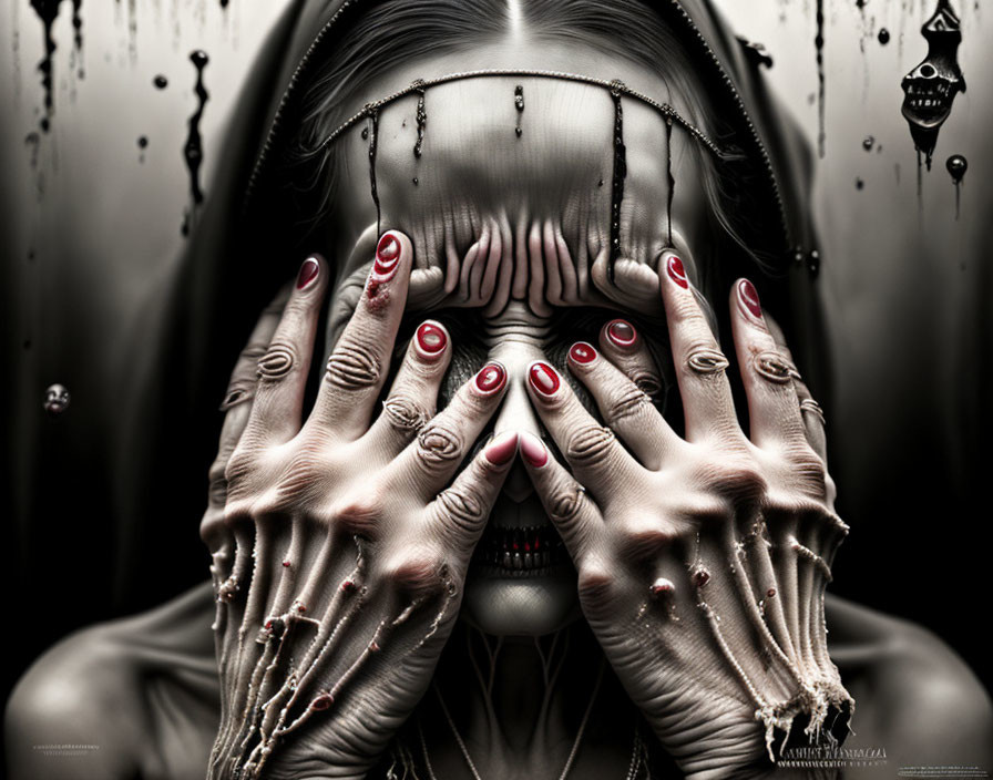 Surreal digital artwork of person with multiple hands, red nails, dark background