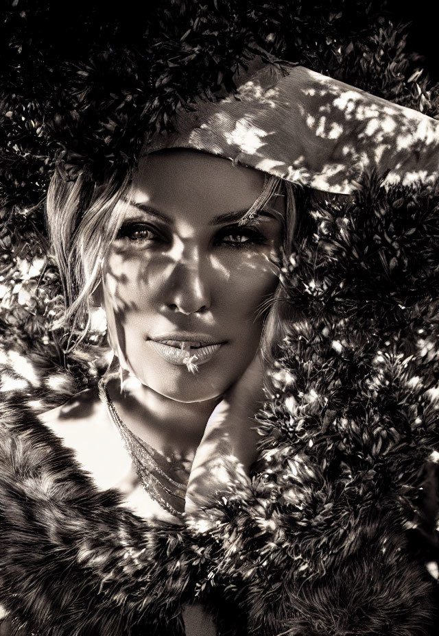 Monochrome portrait of woman with shadowed foliage, fur coat, and headscarf