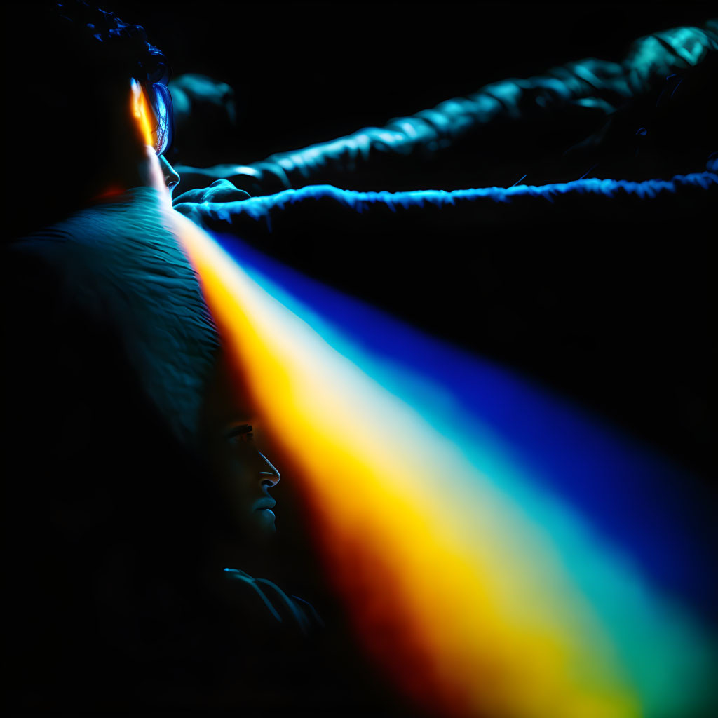 Person wearing headphones illuminated by rainbow light in dark setting