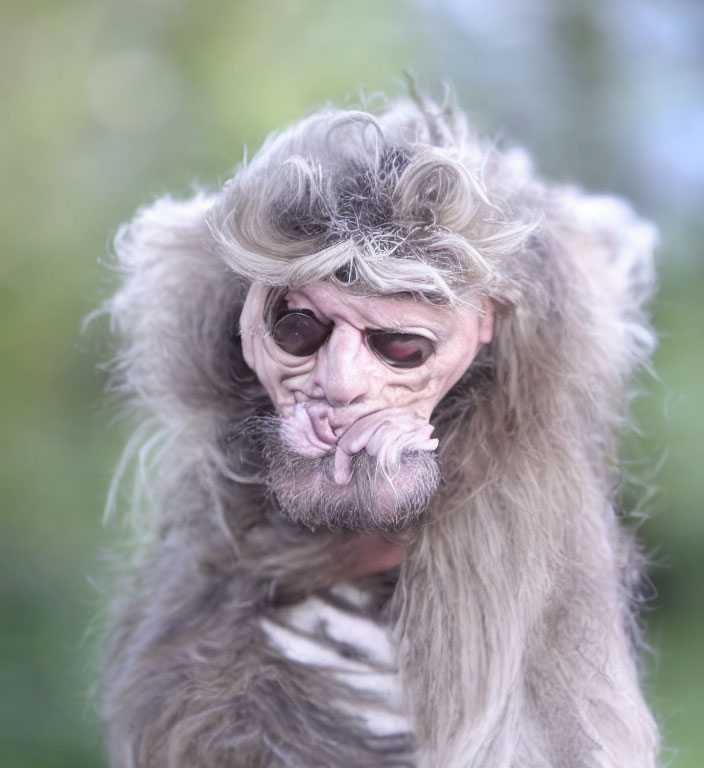 Whimsical monkey-like figure with human features in sunglasses and stylish hairdo on green background