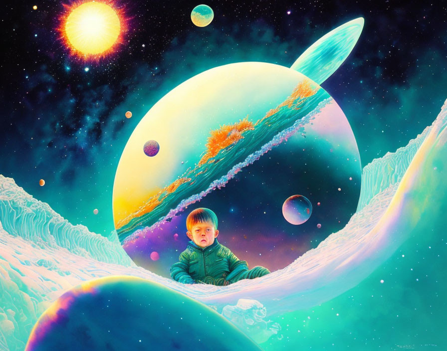 Child in Green Jacket on Cosmic Landscape with Planets and Stars