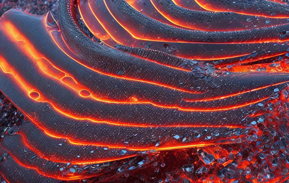 Flowing red-hot lava cools on rough black landscape