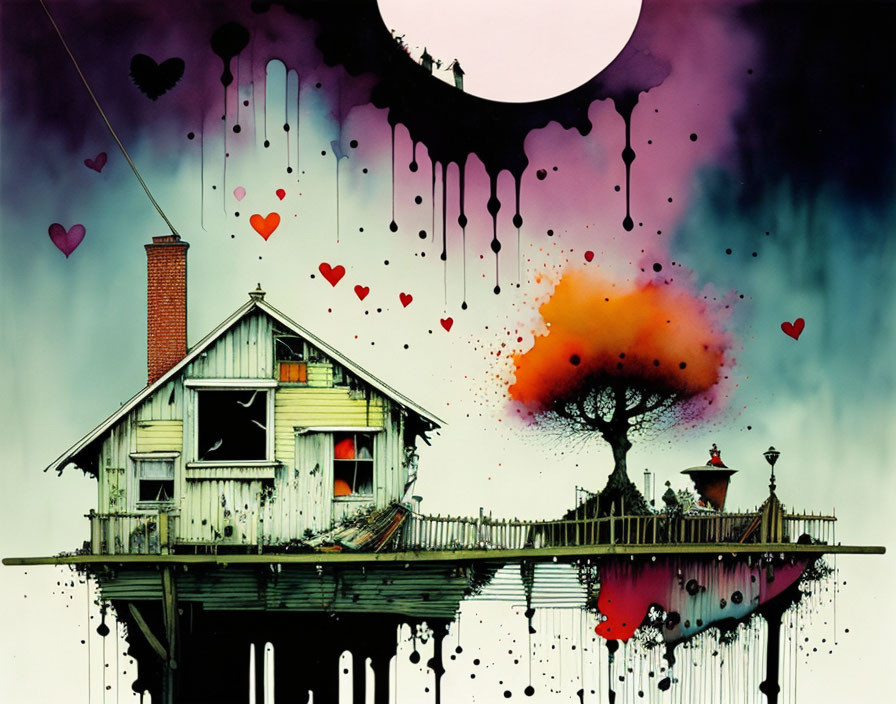 Surreal artwork: Floating house, crescent moon, vibrant tree, hearts, dark backdrop