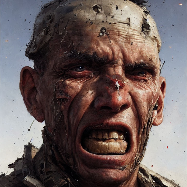 Detailed illustration of distressed man with cuts, dirt, and military attire