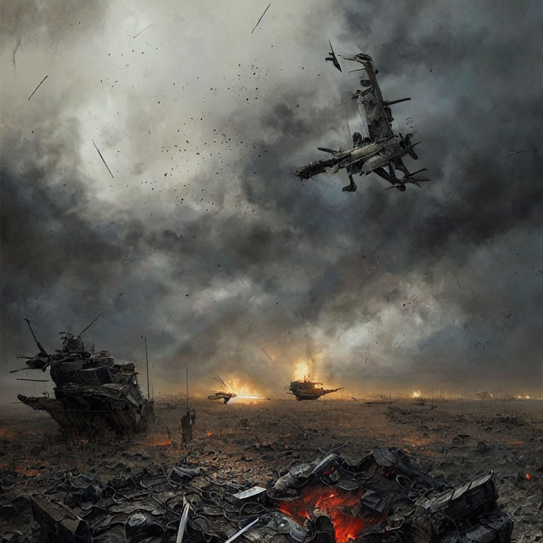 Explosive battlefield with tanks, helicopters, and debris