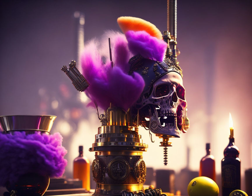 Steampunk Skull with Purple Feathers, Gears, and Candles