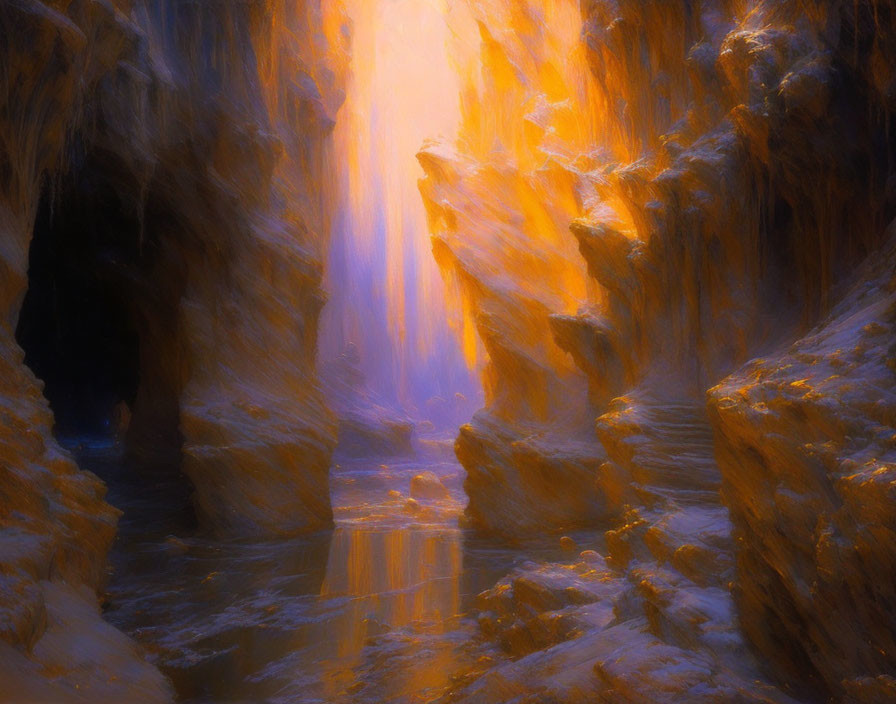 Golden-orange illuminated cave with tranquil water surface