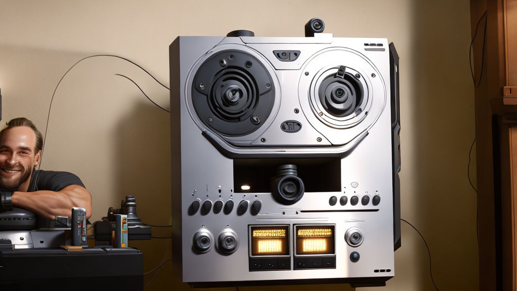 Person smiling next to stylized reel-to-reel tape recorder with face-like design