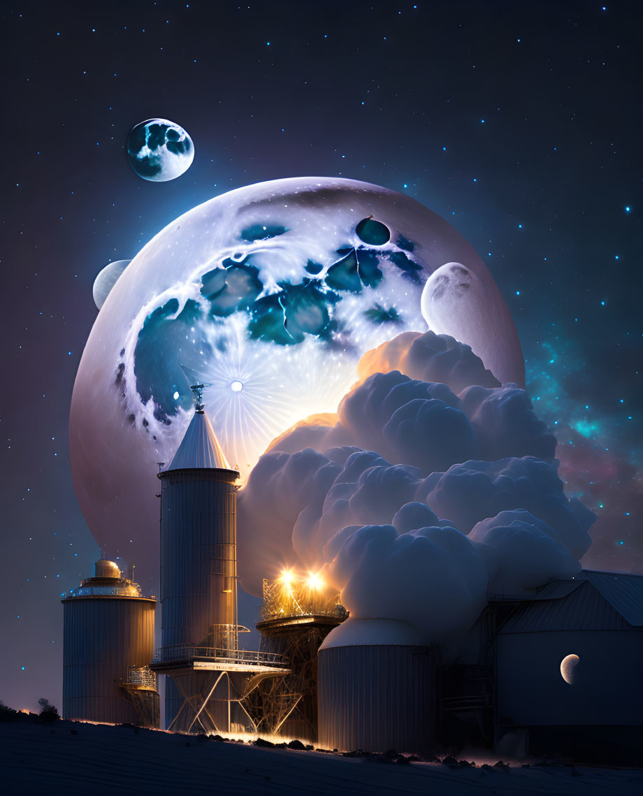 Surreal night scene: oversized moons, stars, silhouetted grain silos, lumin