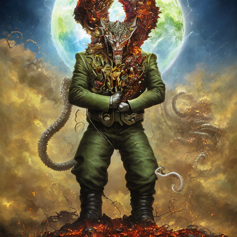 Fantastical creature with dragon-like helmet in fiery setting with tentacles and surreal celestial body.