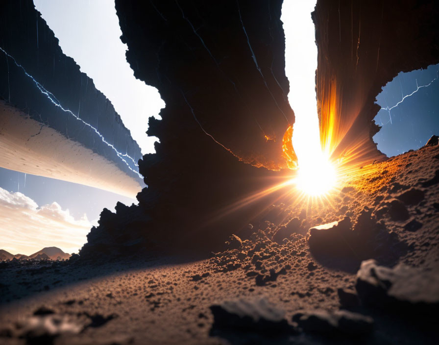 Scenic sunset through jagged rock formation