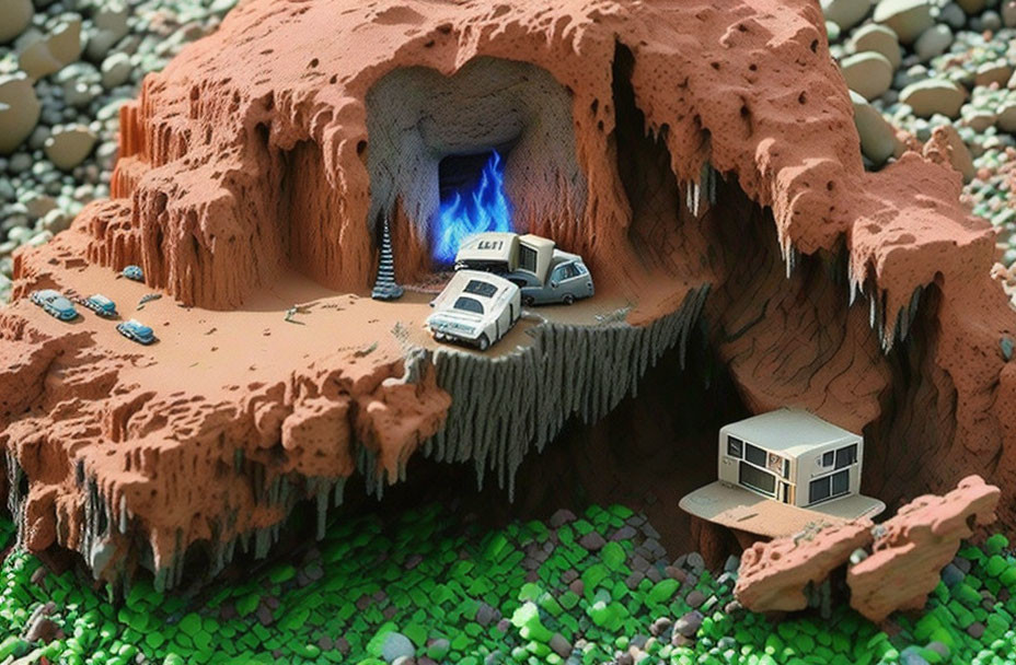 Miniature police cars in rocky cave with floating building and green pellets