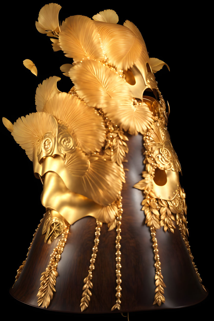 Golden ornate bell with feathers and wheat sheaves in 3D rendering