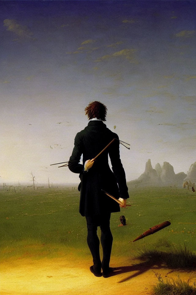 Man with sword walks away from dropped violin in grassy field under yellow sky