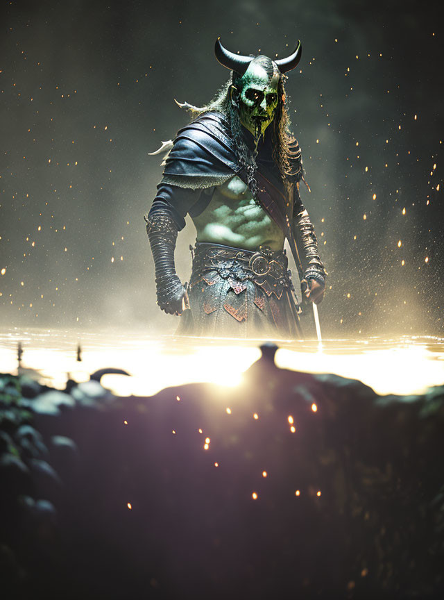 Green-skinned orc with horns and sword in mystical forest.