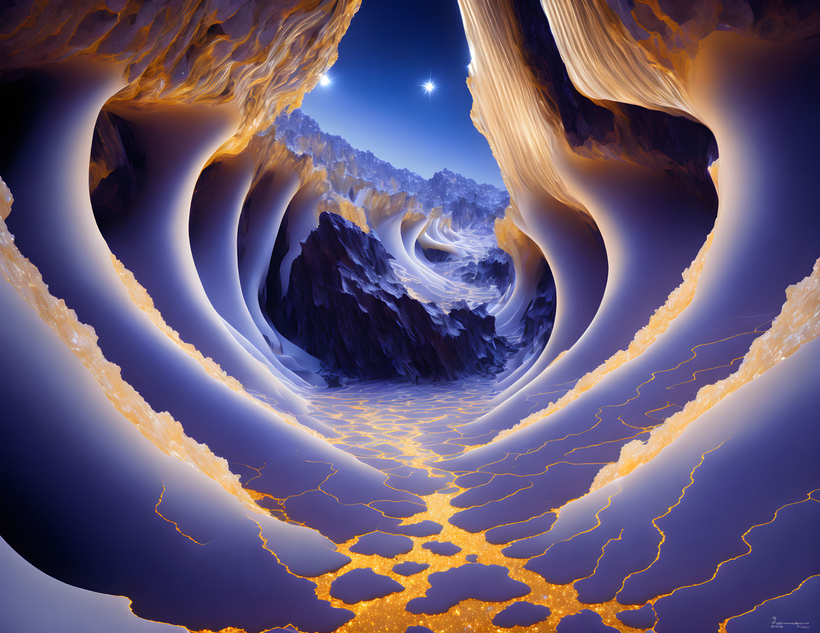 Blue Swirling Patterns in Surreal Landscape with Mountain Peaks