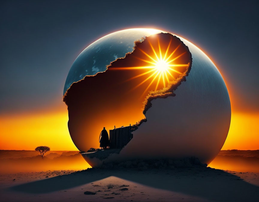 Surreal desert landscape with person on cliff inside broken sphere