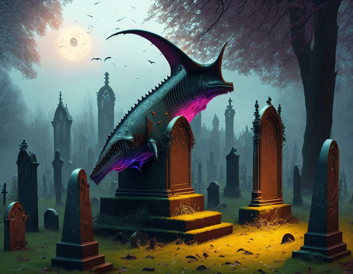 Giant fish hovers over spooky graveyard at dusk