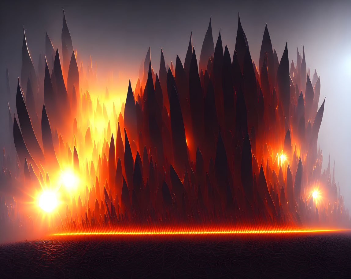 Eerie fiery landscape with glowing cracks and ominous spikes