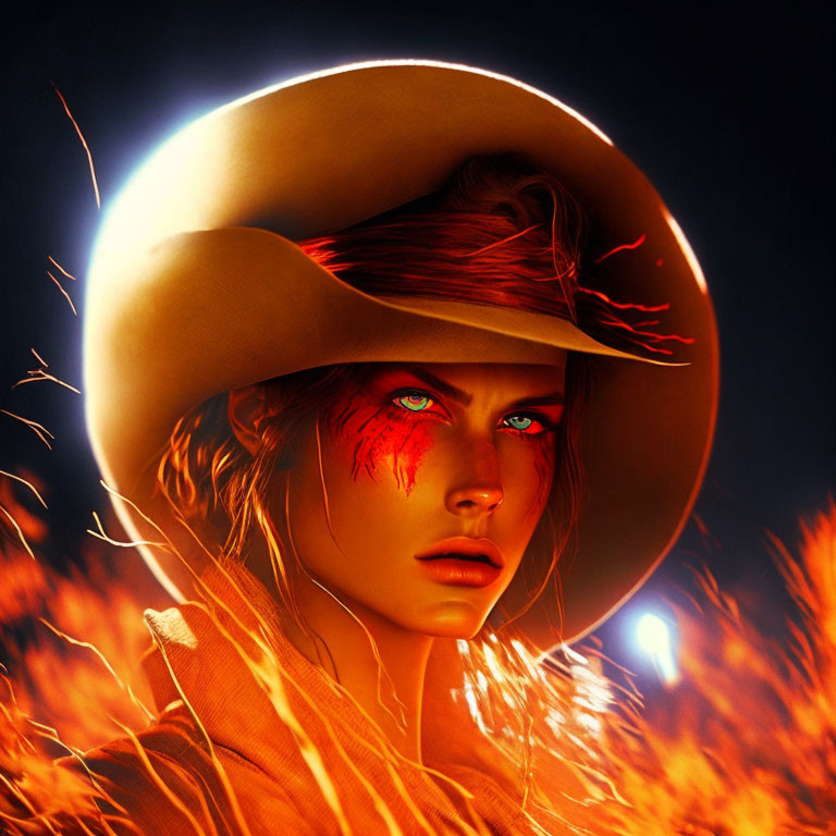 Digital Artwork: Woman with Glowing Red Eyes and Hat surrounded by Embers