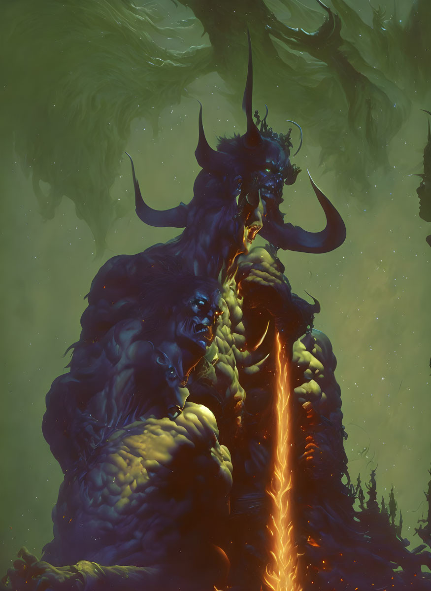 Monstrous creature with multiple faces and fiery rift on green misty backdrop