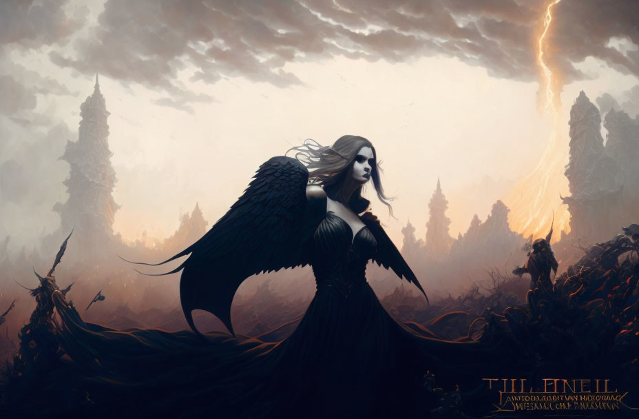 Dark angel with large wings in haunting, gloomy landscape.