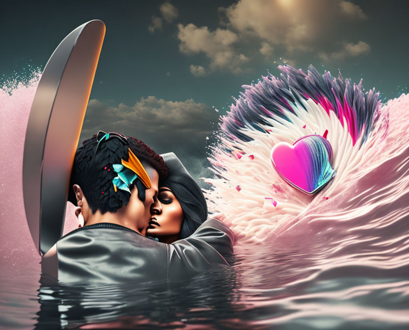 Vibrant digital artwork: couple kissing behind surfboard with surreal heart-shaped wave.