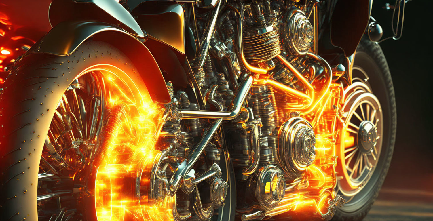 Fiery Orange and Yellow Lit Motorcycle Engine and Wheels