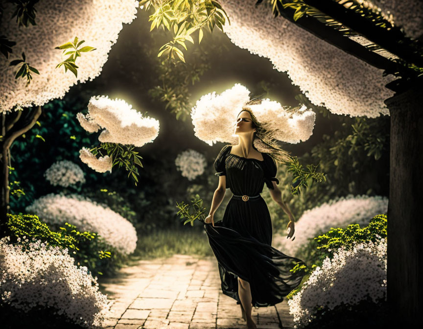 Woman in flowing black dress running through enchanting garden pathway surrounded by blooming white flowers.