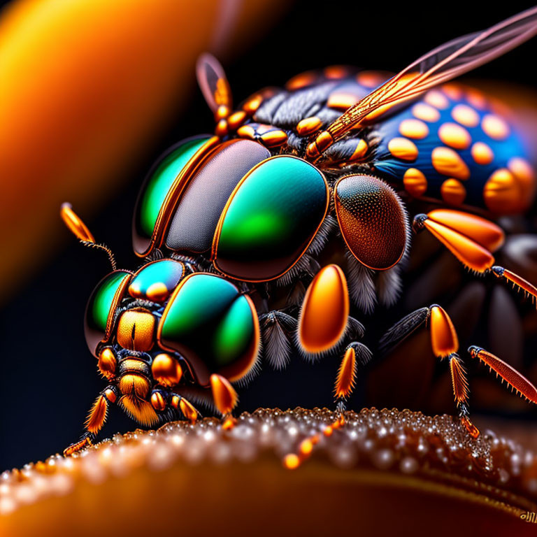 Colorful iridescent fly with compound eyes on textured surface